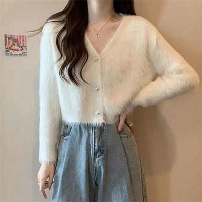 Lantern Sleeve V-Neck Solid Button-Up Knit Cardigan Coat