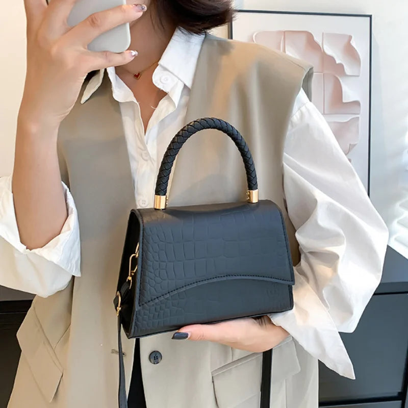 Solid PU Leather Designer Casual Crossbody Top Handle Handbag