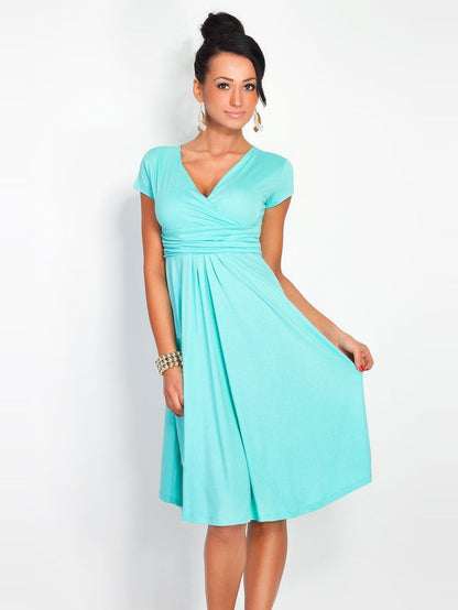 Surplice V-Neck Pleated Bodice Ruched Waist Fit-and-Flare Midi Dress