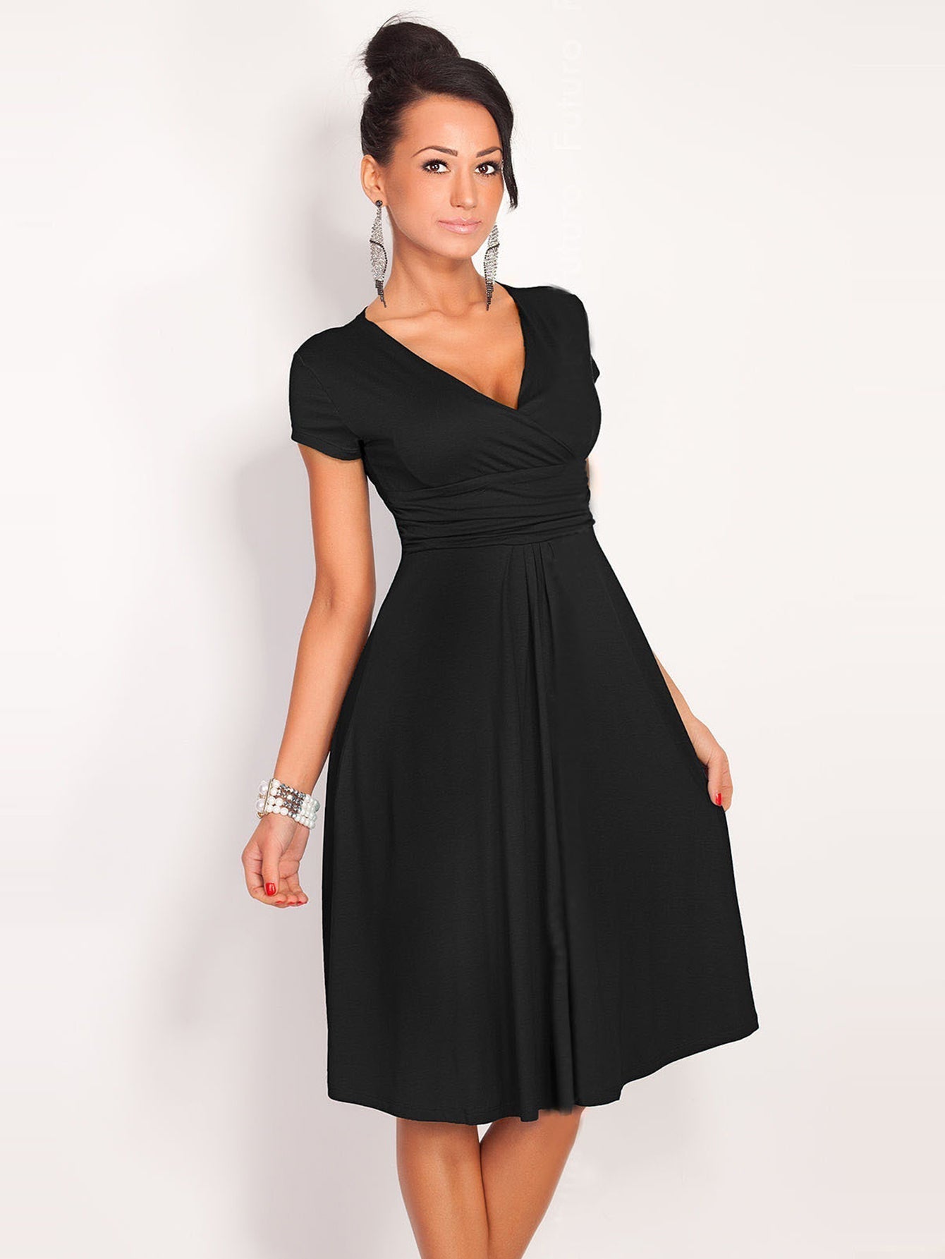Surplice V-Neck Pleated Bodice Ruched Waist Fit-and-Flare Midi Dress