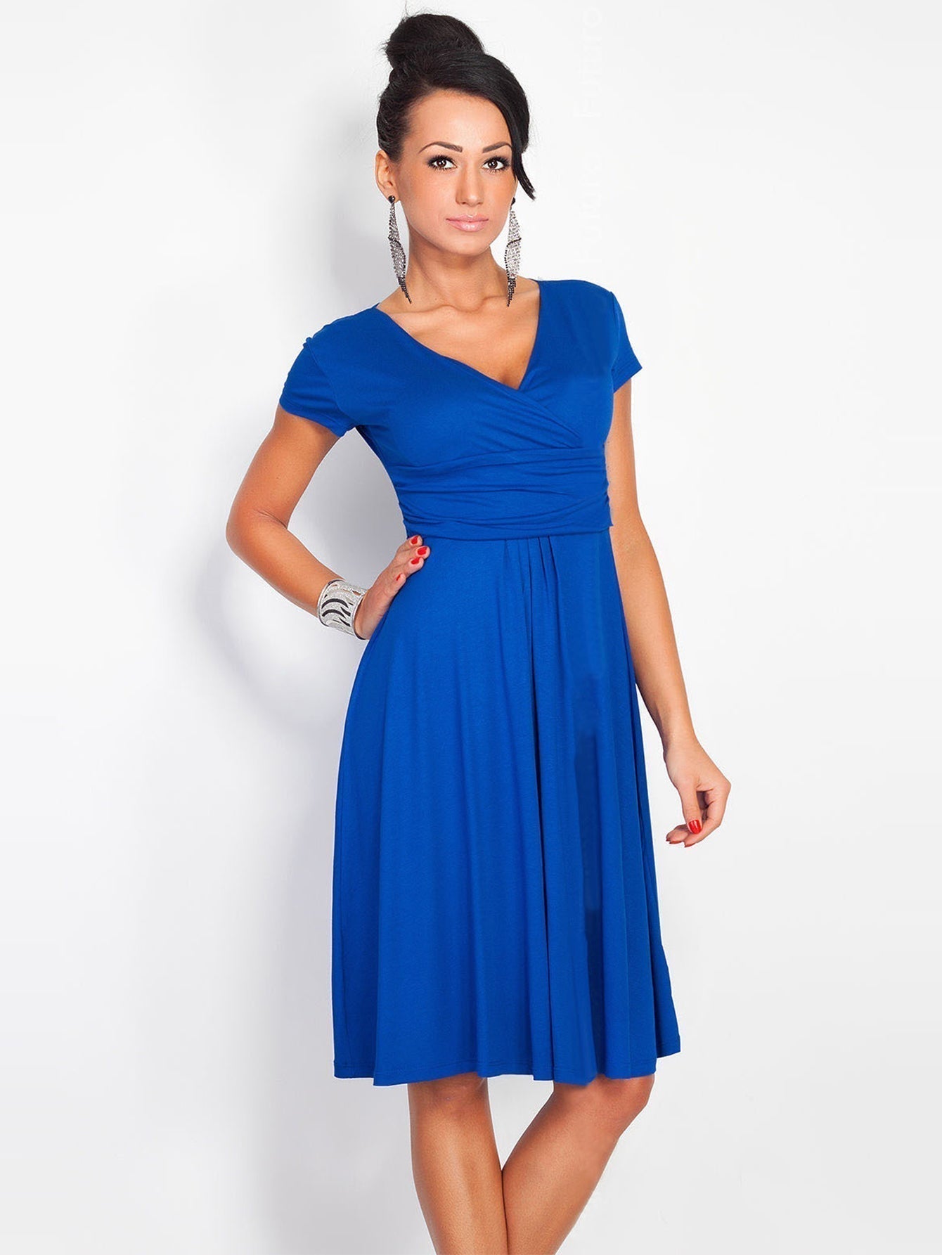 Surplice V-Neck Pleated Bodice Ruched Waist Fit-and-Flare Midi Dress