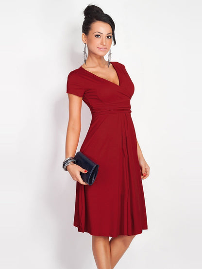 Surplice V-Neck Pleated Bodice Ruched Waist Fit-and-Flare Midi Dress