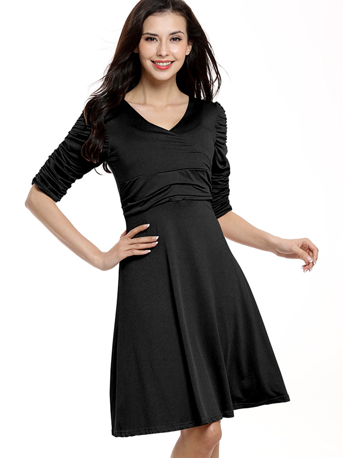 Surplice V-Neck Pleated Bodice Ruched Waist Fit-and-Flare Midi Dress