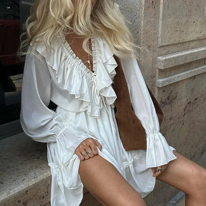 Solid White Cotton Rayon Long Sleeve Ruffle Dress