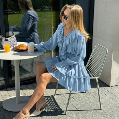 Solid White Cotton Rayon Long Sleeve Ruffle Dress