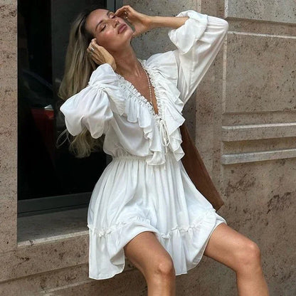 Solid White Cotton Rayon Long Sleeve Ruffle Dress