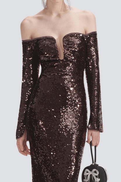 Solvay Sequin Off Shoulder Maxi Dress
