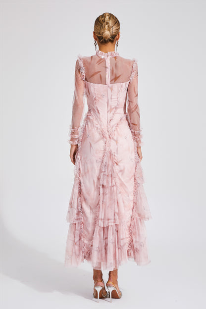 Southey Pink Mesh Ruched Maxi Dress