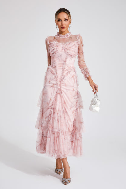 Southey Pink Mesh Ruched Maxi Dress