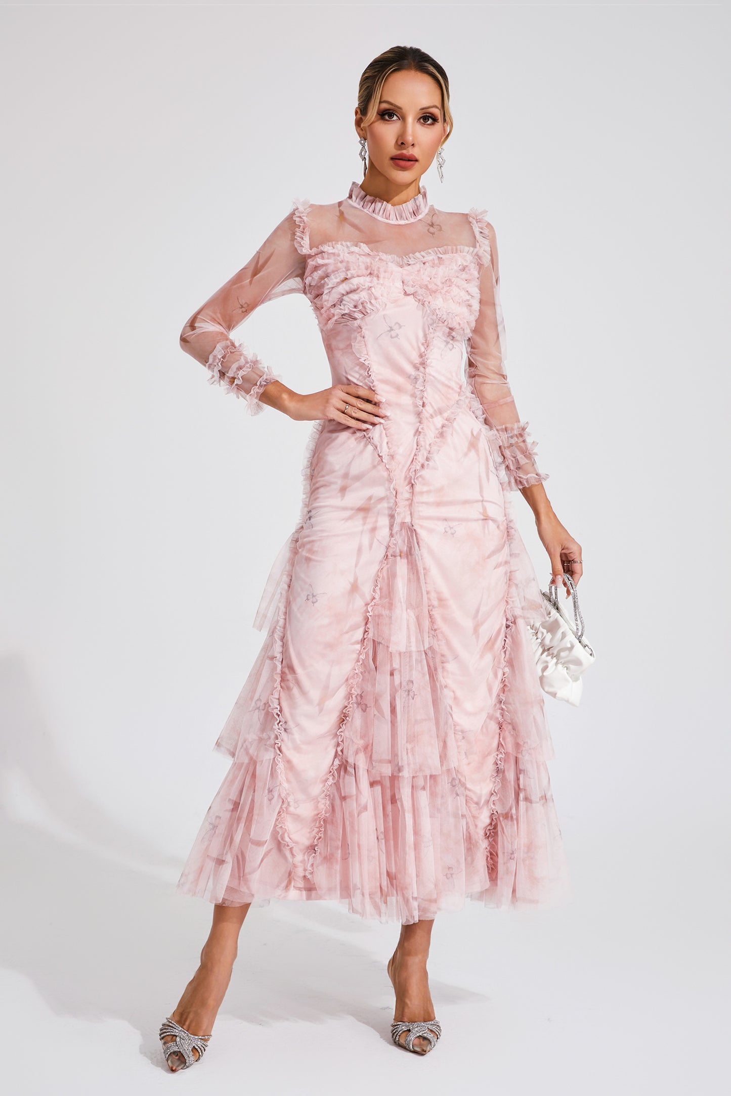 Southey Pink Mesh Ruched Maxi Dress
