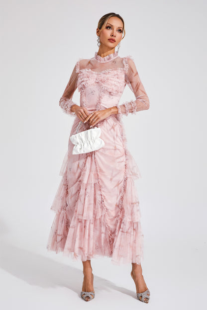 Southey Pink Mesh Ruched Maxi Dress