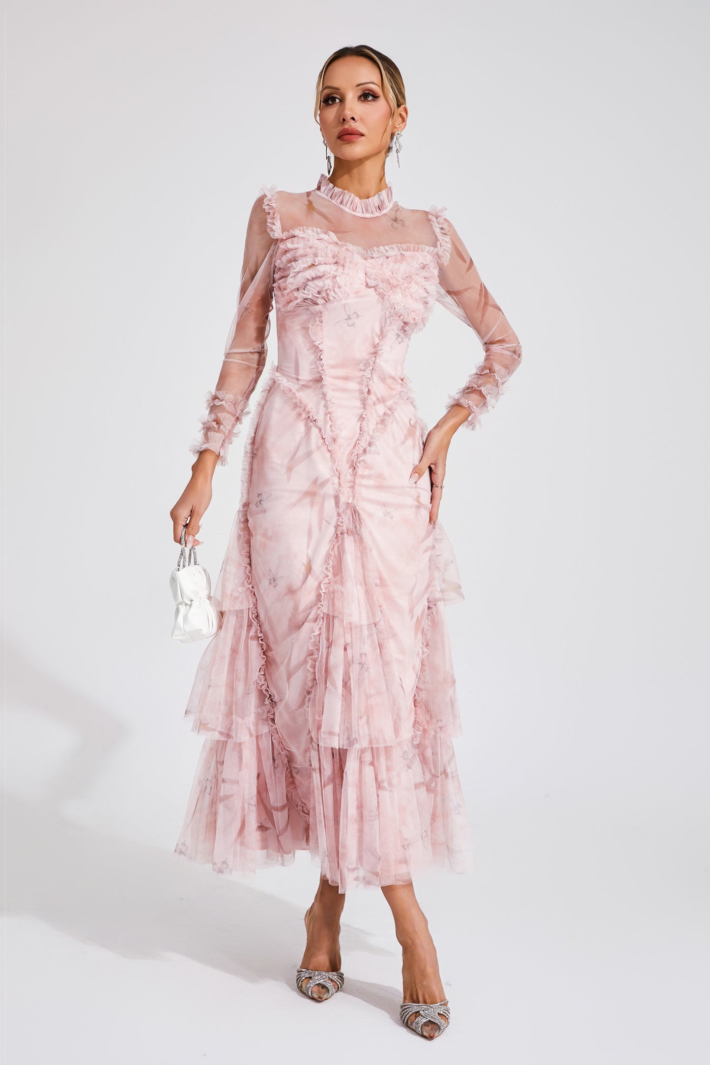 Southey Pink Mesh Ruched Maxi Dress