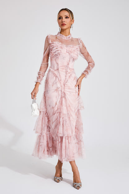 Southey Pink Mesh Ruched Maxi Dress