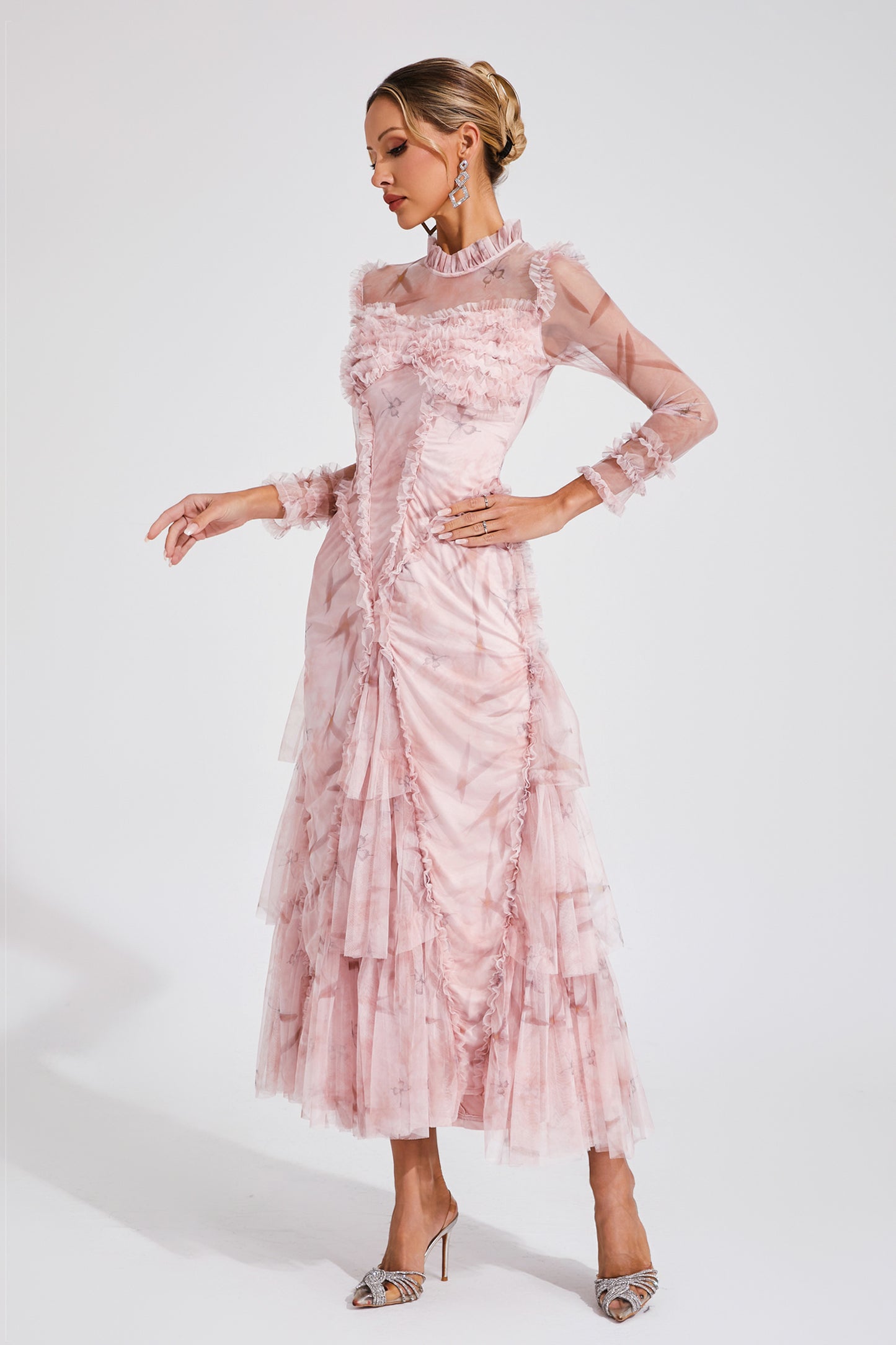 Southey Pink Mesh Ruched Maxi Dress