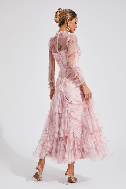 Southey Pink Mesh Ruched Maxi Dress