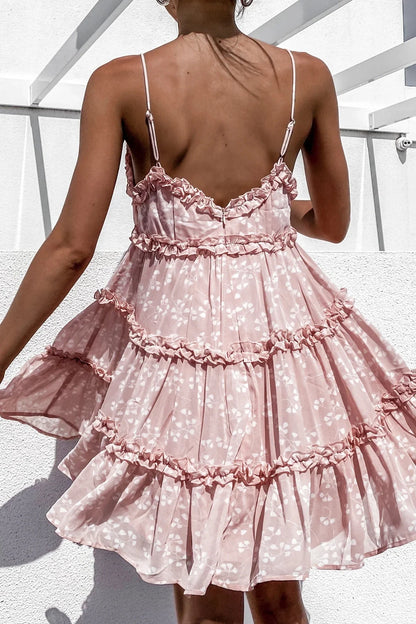 Spaghetti Strap Floral Lace Trim Sundress Flared Ruffled Prairie Summer Dress