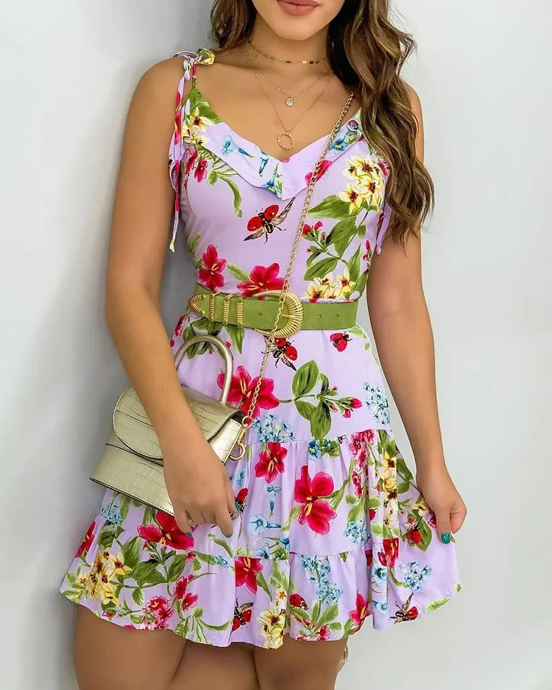 Spaghetti Strap Floral Striped A-Line Short Dress