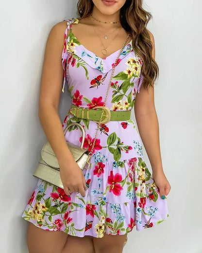 Spaghetti Strap Floral Striped A-Line Short Dress