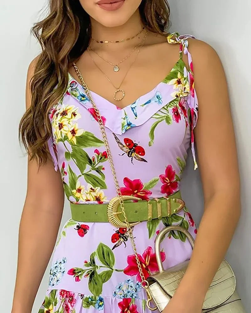 Spaghetti Strap Floral Striped A-Line Short Dress