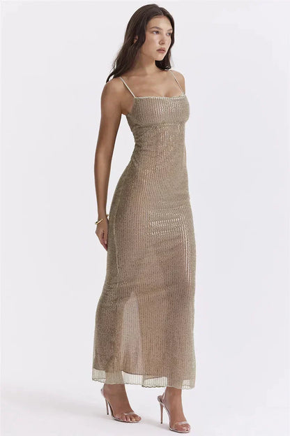 Sequin Mesh Spaghetti Strap Bodycon Maxi Dress