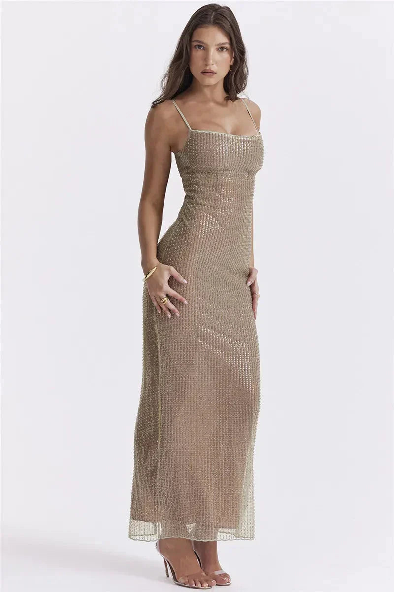 Sequin Mesh Spaghetti Strap Bodycon Maxi Dress