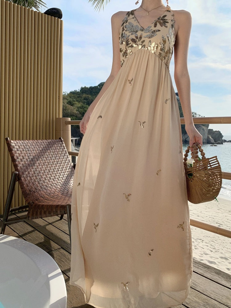 Sparkly French Halter Maxi Dress Sexy Backless Gown for Beach Vacay