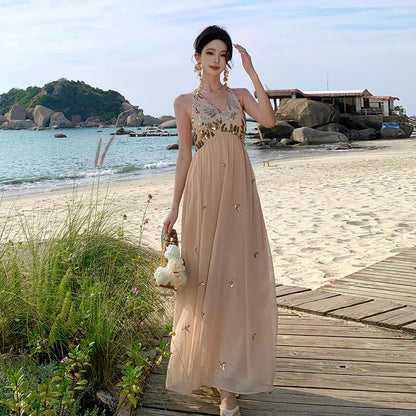 Sparkly French Halter Maxi Dress Sexy Backless Gown for Beach Vacay
