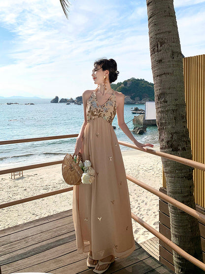 Sparkly French Halter Maxi Dress Sexy Backless Gown for Beach Vacay