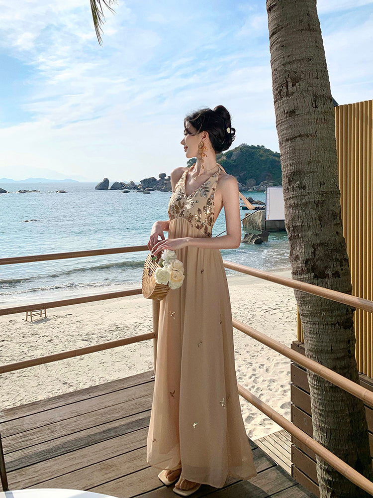 Sparkly French Halter Maxi Dress Sexy Backless Gown for Beach Vacay