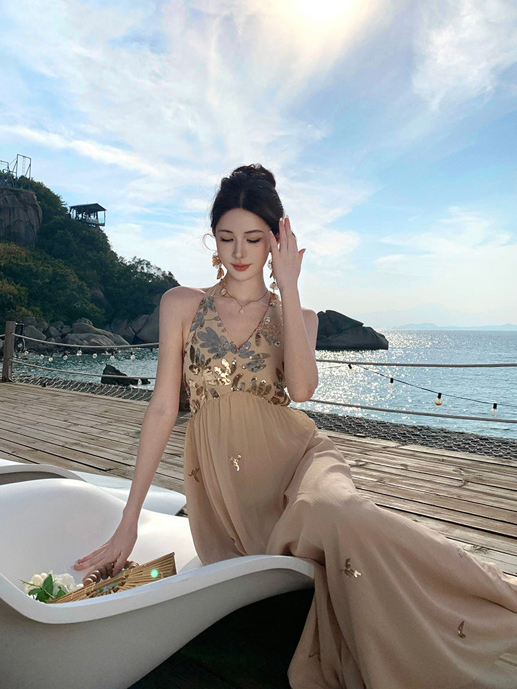 Sparkly French Halter Maxi Dress Sexy Backless Gown for Beach Vacay