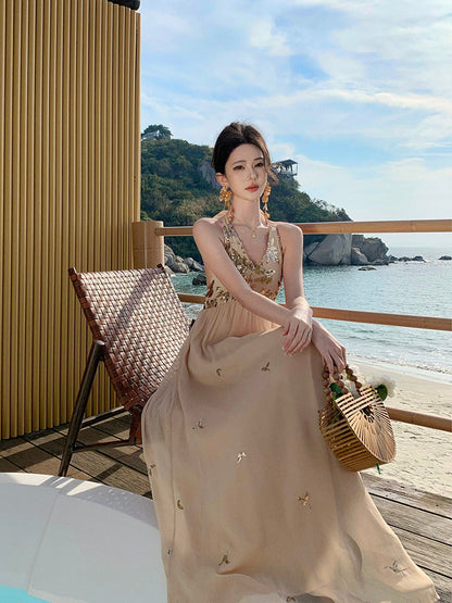 Sparkly French Halter Maxi Dress Sexy Backless Gown for Beach Vacay