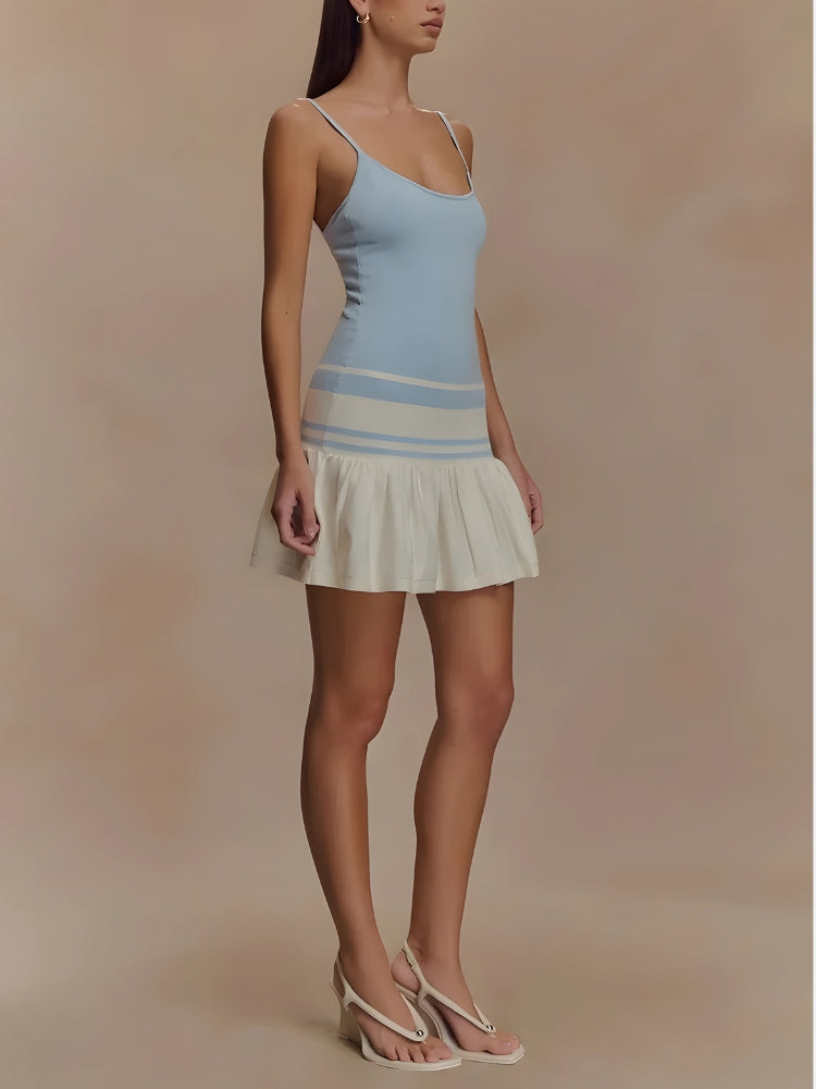 Spaghetti Strap Scoop Neck Striped Band Pleated Skirt Knit Mini Dress
