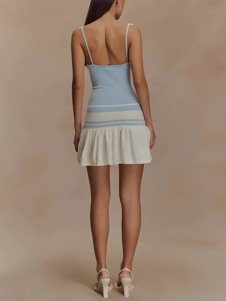 Spaghetti Strap Scoop Neck Striped Band Pleated Skirt Knit Mini Dress