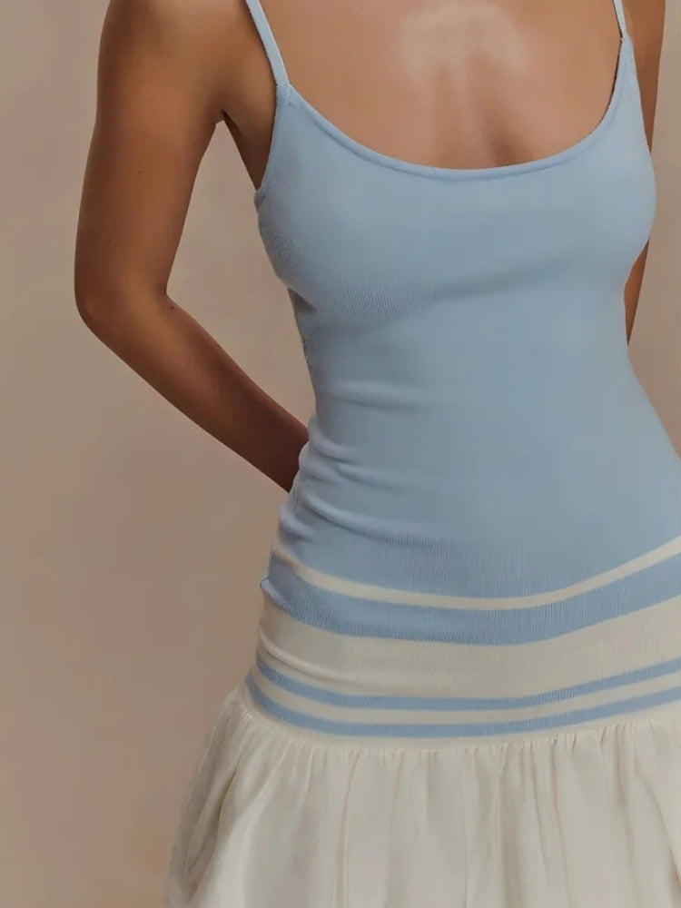 Spaghetti Strap Scoop Neck Striped Band Pleated Skirt Knit Mini Dress