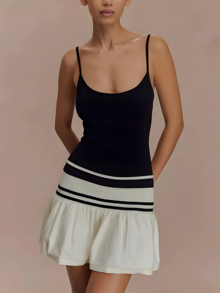 Spaghetti Strap Scoop Neck Striped Band Pleated Skirt Knit Mini Dress