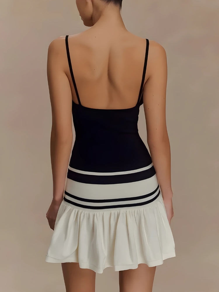 Spaghetti Strap Scoop Neck Striped Band Pleated Skirt Knit Mini Dress