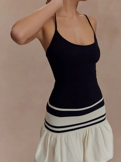 Spaghetti Strap Scoop Neck Striped Band Pleated Skirt Knit Mini Dress