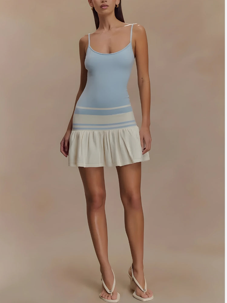 Spaghetti Strap Scoop Neck Striped Band Pleated Skirt Knit Mini Dress