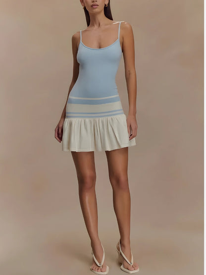 Spaghetti Strap Scoop Neck Striped Band Pleated Skirt Knit Mini Dress