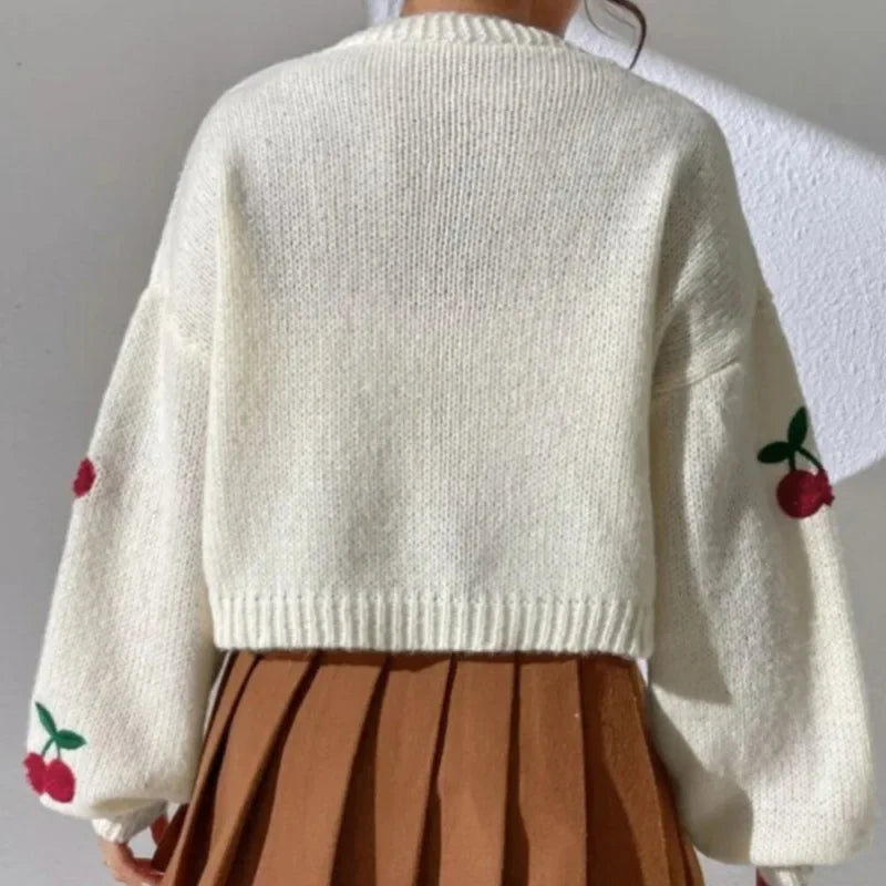 Cherry Embroidery Loose Long Sleeve Casual Knit Cardigan