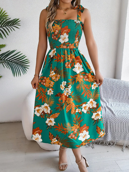 Floral Print Lace-up Sleeveless Vacation Floral Dress