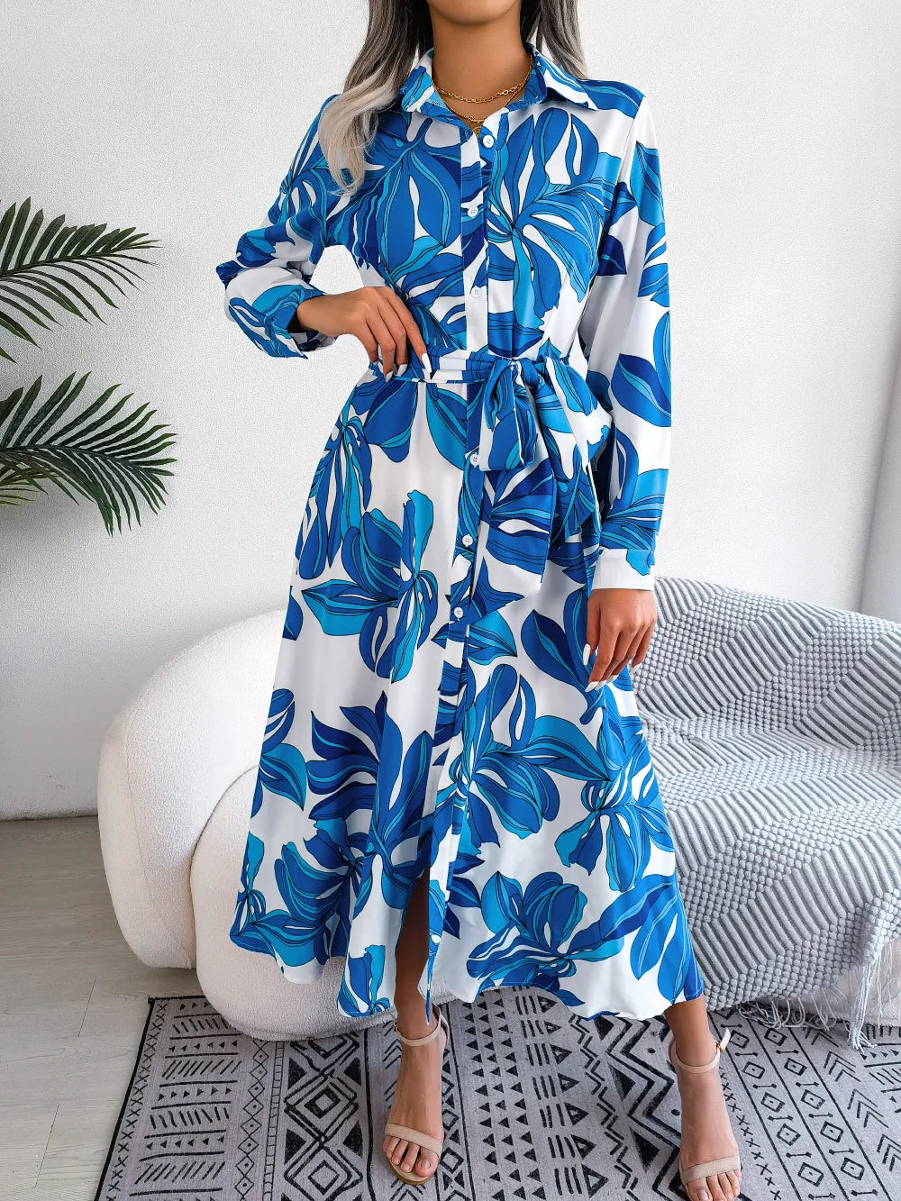 Spring Summer Contrast Floral Polo Collar Shirt Floral Dress
