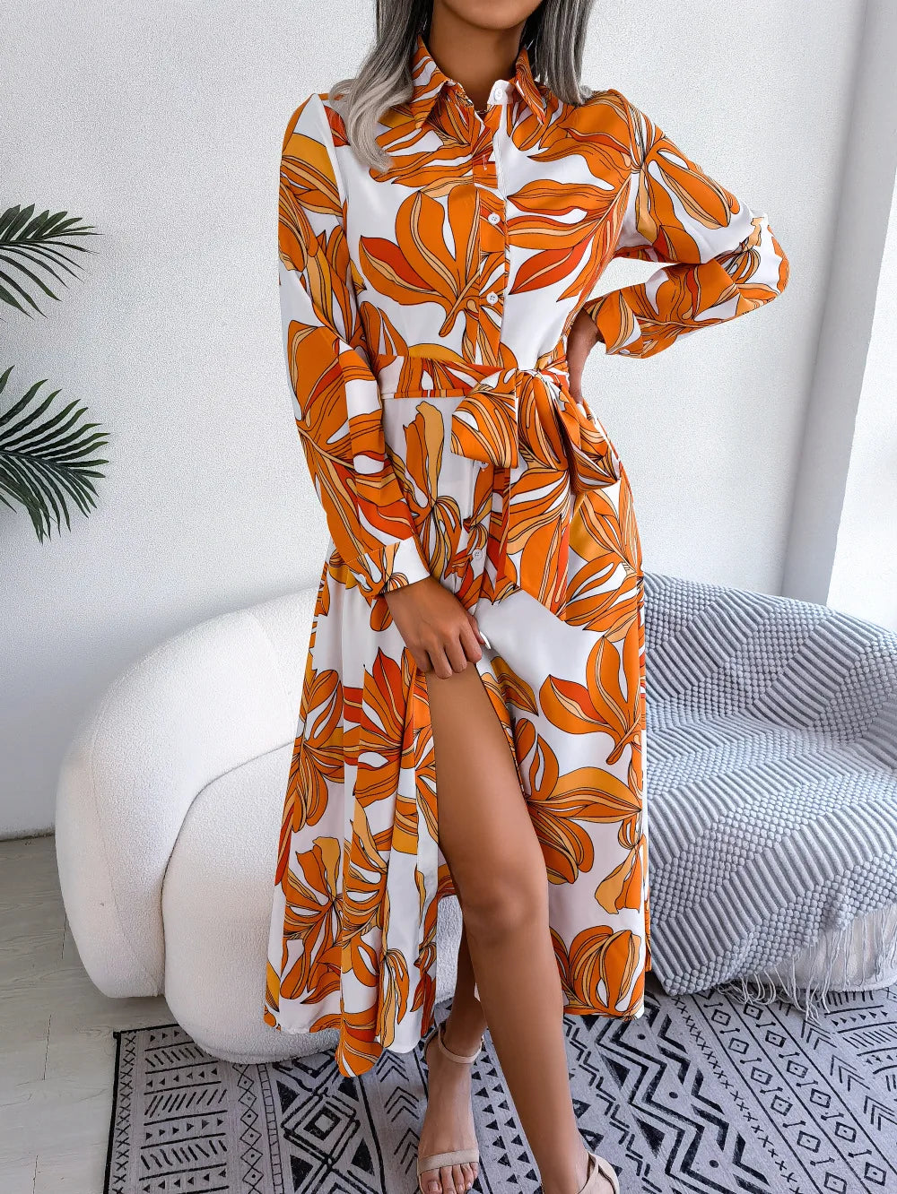 Spring Summer Contrast Floral Polo Collar Shirt Floral Dress