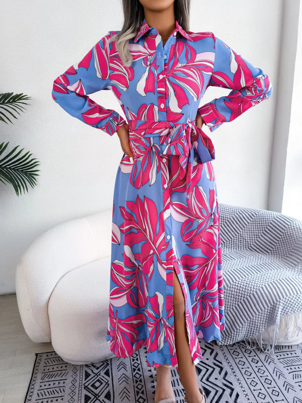 Spring Summer Contrast Floral Polo Collar Shirt Floral Dress