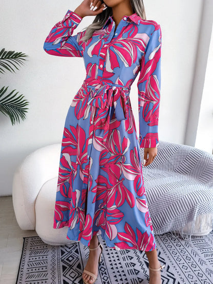 Spring Summer Contrast Floral Polo Collar Shirt Floral Dress