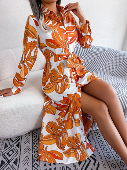 Spring Summer Contrast Floral Polo Collar Shirt Floral Dress