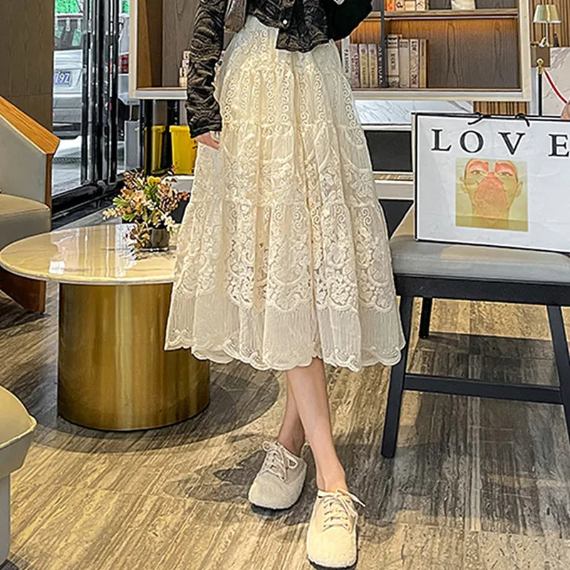 Floral Embroidery Lace High Waist A-Line Skirt