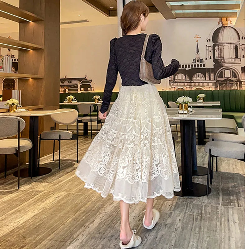 Floral Embroidery Lace High Waist A-Line Skirt