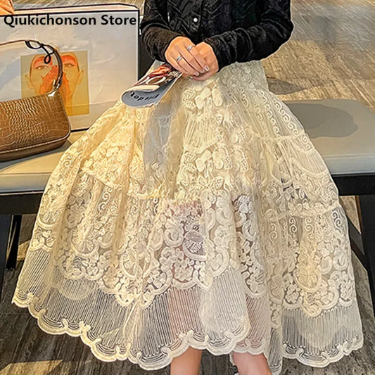 Floral Embroidery Lace High Waist A-Line Skirt