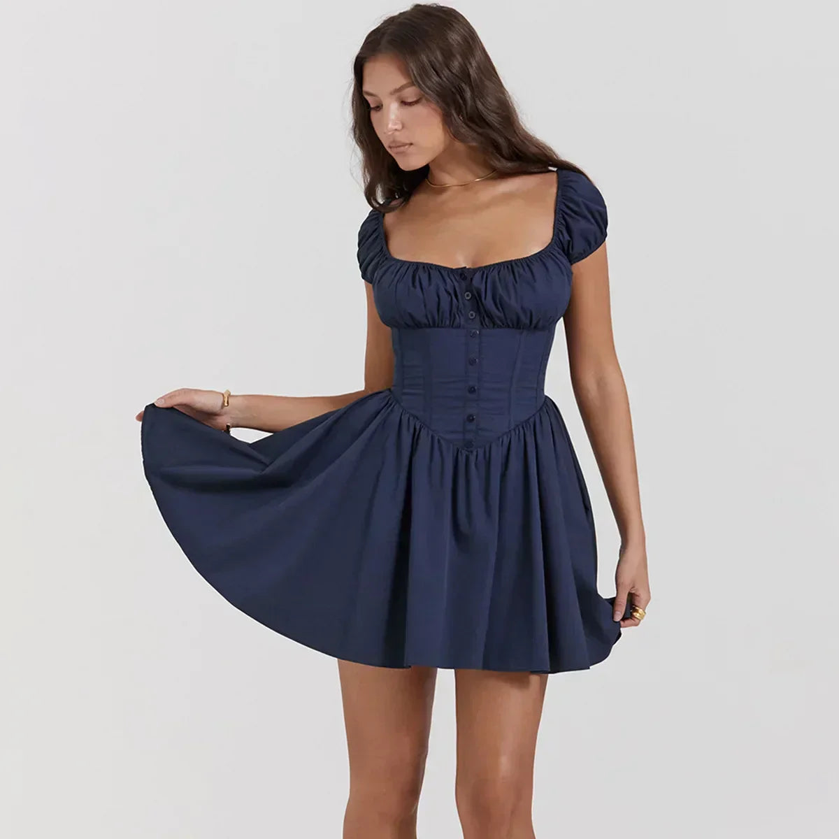 Ruched Bust Button Front Puff Sleeve Corset Fit and Flare Mini Dress